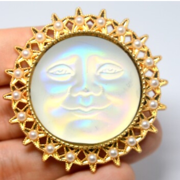 Jewelry - 288. Vintage Celestial Luminous Iridescent Glass Face Faux Pearl Brooch Pendant